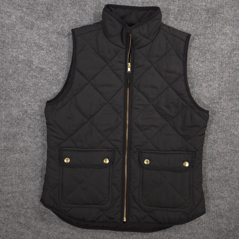 J Crew Vest Womens S Black Quilted Puffer Full Zip Flap Pockets Preppy Outdoor